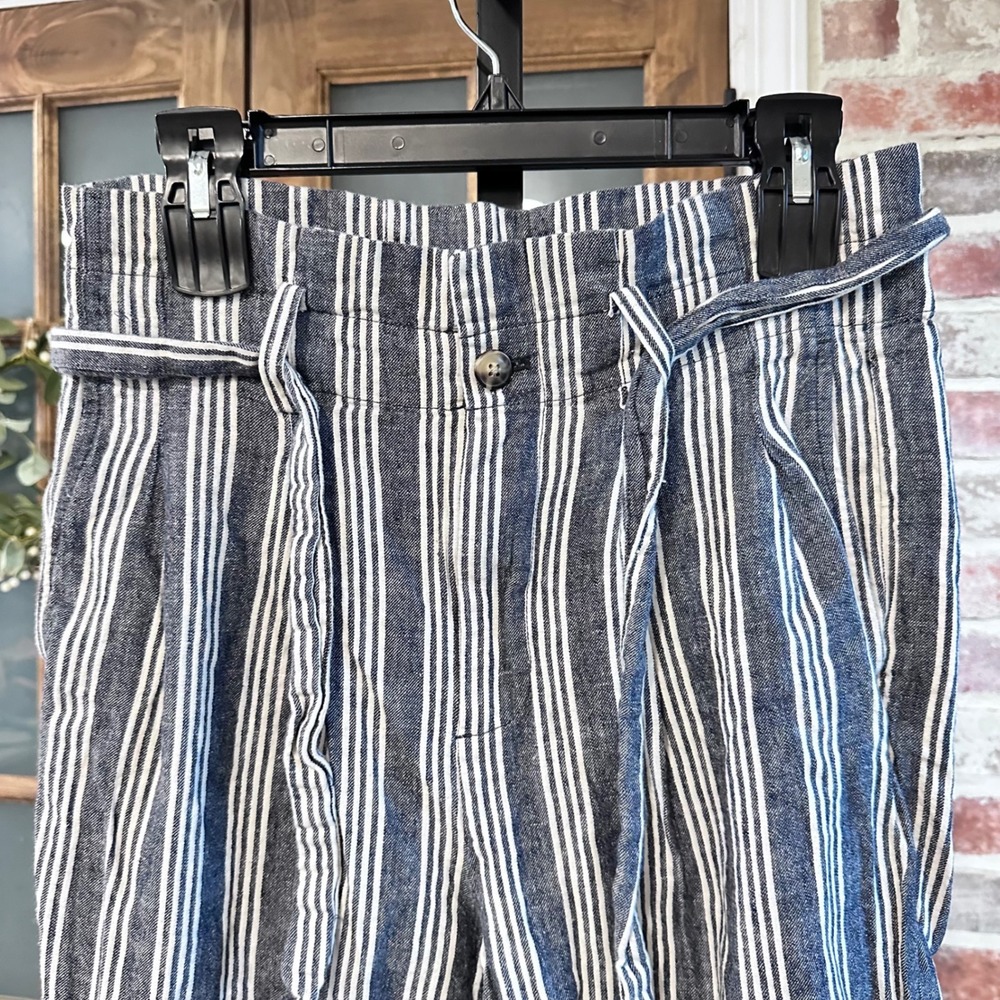 Madewell Striped Pants Women Blue White Linen Blend Tie Waist High Rise Size 4 - Picture 2 of 9